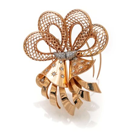 Spilla doppia clip in oro e brillanti cm 8 x 6 Art Retrò Oro rosa 750/000....