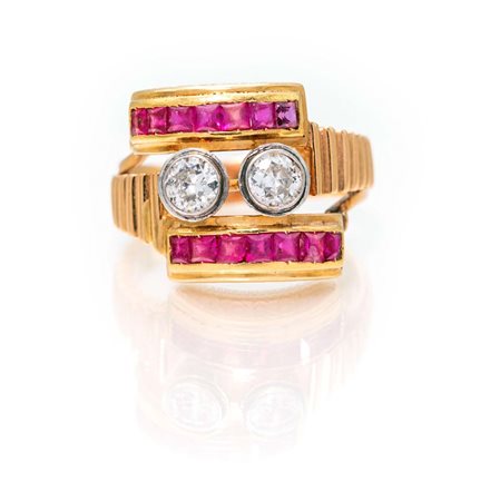Anello in oro, brillanti e rubini Misura 16 Art Retrò Oro rosa 750/000. Peso...