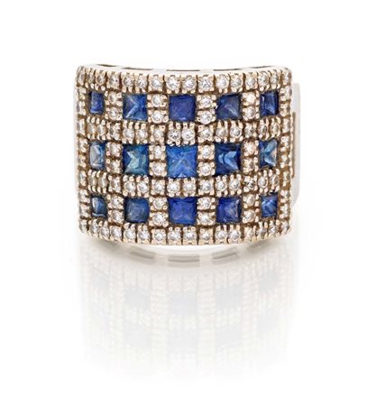 Anello a fascia in oro e zaffiri Misura 12 Oro bianco 750/000. Diamanti in...