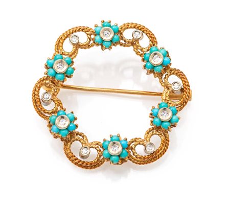 Spilla oro, turchesi e brillanti Diametro cm 3,5 Oro giallo 750/000. Peso...