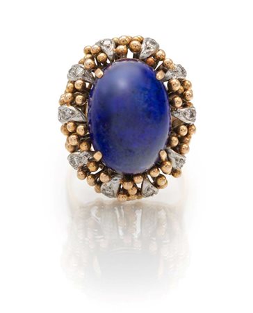 Anello a cupola in oro, lapislazzuli e brillanti Misura 19 Oro giallo...