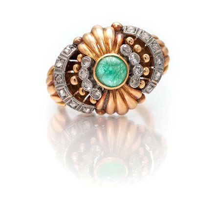 Anello a cupola in oro, brillanti e smeraldo centrale Misura 15 Art Retrò Oro...
