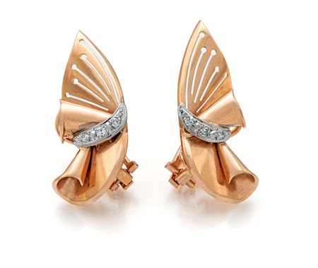 Coppia di orecchini a ventaglio in oro e brillanti cm 3,5 x 1,5 Art Retrò Oro...