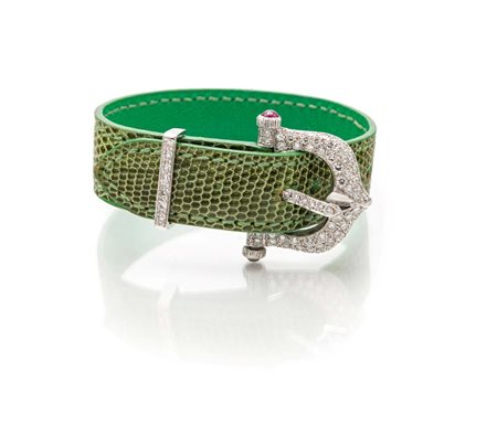 Bracciale con fibbia in oro, brillanti e rubini cm 2,5 x 2,5 Oro bianco...