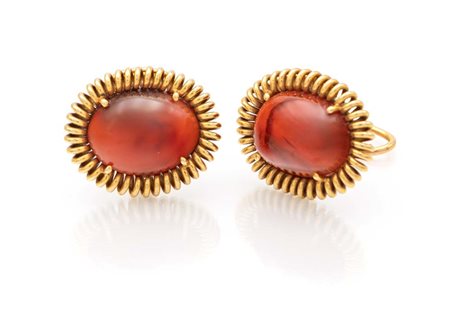 Coppia di orecchini in oro e corniola mm 21 x 27 Oro giallo 750/000. Peso...