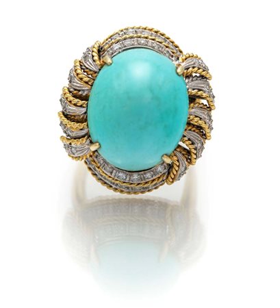 Anello in oro, turchese e brillanti Misura 14 Oro giallo 585/000. Peso...