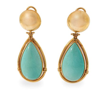 Orecchini pendenti in oro con gocce di turchese cm 6 Oro giallo 750/000. Peso...