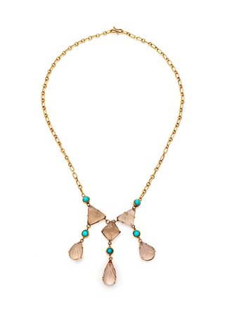 Pettorale antico in oro, quarzi incisi e turchesi Lunghezza cm 40 Primi '900...