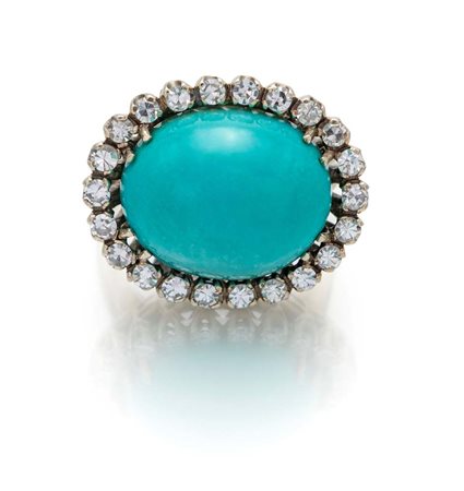 Anello in oro, turchese e brillanti Misura 15 Oro bianco 750/000. Peso...