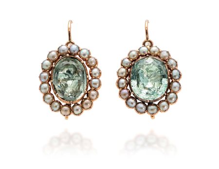 Coppia di orecchini pendenti in oro, acquamarine e microperle mm 22 x 20 Oro...