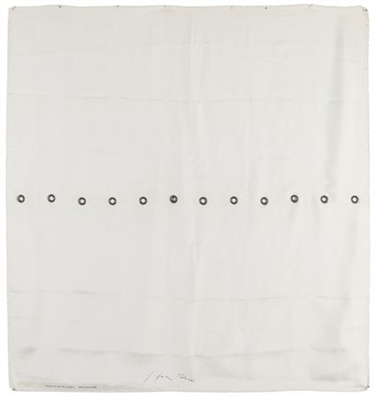 Lucio Fontana "Foulard" 
foulard in seta bianca con dodici fori ciascuno protett