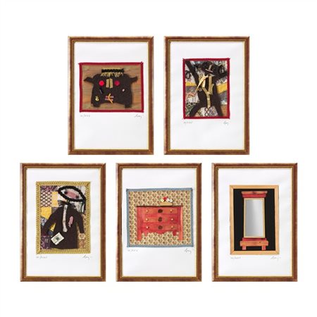 Enrico Baj Enrico Baj 
Cinque multipli realizzati con collage di stoffe, legni,