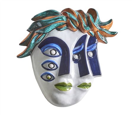 Enrico Baj "Maschera" 
terracotta dipinta in policromia e smaltata
cm 28,5x30
Fi