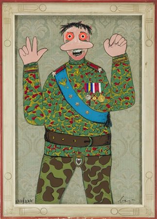 Enrico Baj "Stratega del doppio gioco" 1971
litografia a colori e collage su bro