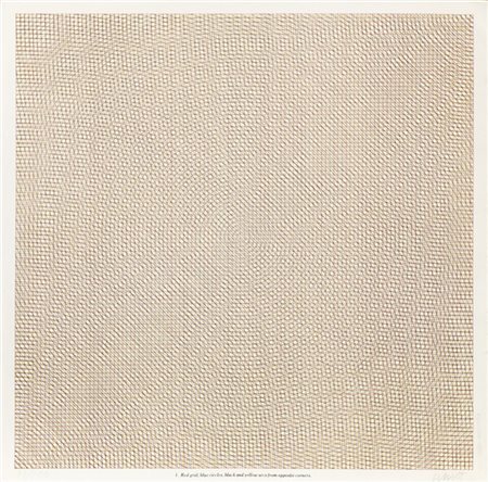 SOL LEWITT "Red grid, blue circles, black and yellow arcs from opposite corners"