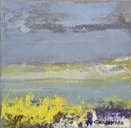 Giancarlo Cazzaniga (1930 - 2013) GINESTRE AL CONERO olio su tela, cm 20x20...