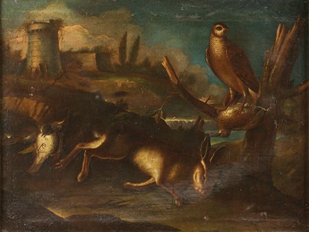 Scuola romana Seconda metà del XVII secolo Paesaggio con castello e...