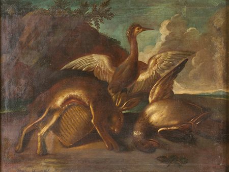 Scuola romana Seconda metà del XVII secolo Paesaggio con cacciagione. Olio su...