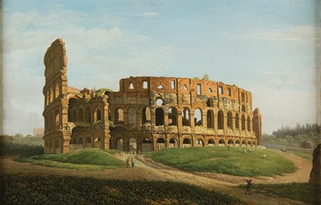SCUOLA ROMANA prima metà del XIX sec. Veduta del Colosseo dal tempio di...