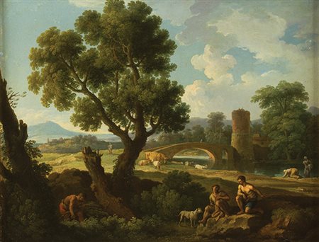 ANDREA LOCATELLI Roma 1695 - 1741 Paesaggio Laziale con pastori, un ponte ed...