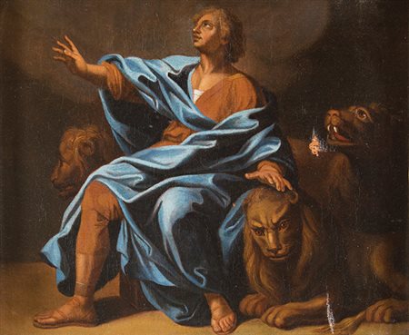 SCUOLA ROMANA Prima metà del XVIII secolo Giuseppe nella fosse dei leoni olio...