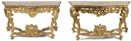 COPPIA DI RAFFINATE CONSOLLE ROMANE INIZI XVIII SECOLO in legno dorato e...