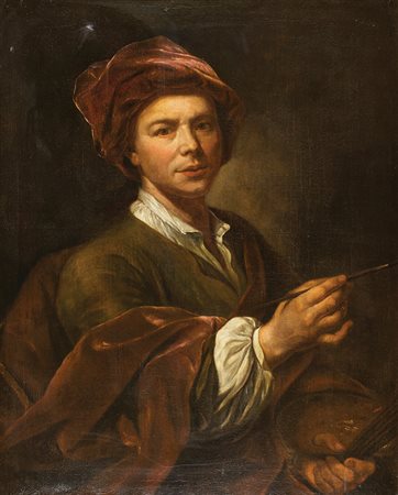 PAOLO BORRONI Boghera 1749 - 1819 Ritratto di pittore con turbante rosso Olio...