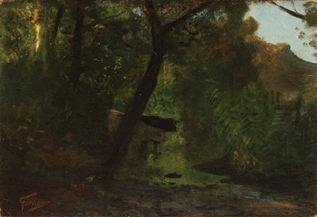 PIETRO SENNO Portoferraio 1831- Pisa 1904 Vacche in un ruscello Olio su tela...