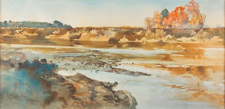 ONORATO CARLANDI Roma 1848 - 1939 Campagna romana con fiume Acquerello su...