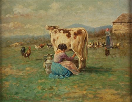 PITTORE FRANCESE FINE XIX SECOLO Mungitrice in paesaggio Olio su tela, cm 35...