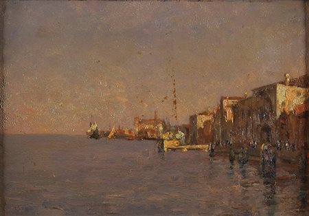 NELLO MOTTA Venezia 1901 - 1986 Le zattere Olio su tavoletta, cm 24 x 24...