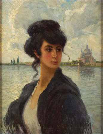 CAMILLO BORTOLUZZI Treviso 1868 – Dolo 1933 Ritratto di donna con Venezia...