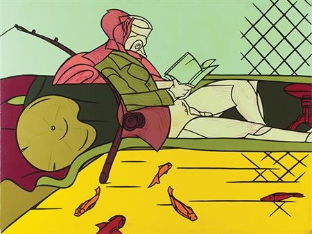 VALERIO ADAMI Bologna 1935 Pecheur gratetique, 1975 ca. Olio su tela, cm 100...