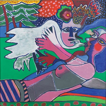 CORNEILLE Liegi 1922 - Auvers-sur Oise 2010 Le rèpe du cygne, 1979 Olio su...