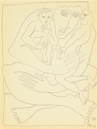 Russo L'ABBRACCIO pennarello su carta, cm 40x30 firma e data eseguito nel 1978