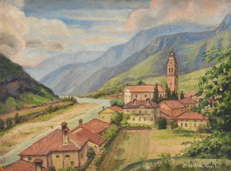 Allimandi Enrico SANTUARIO PIEMONTESE olio su cartone, cm 45x59 firma L'opera...