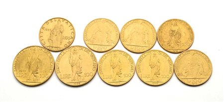 Lotto 9 monete da 100 Lire 1933-34, 1934 Pio XI; 1939, 1940, 1941, 1942,...