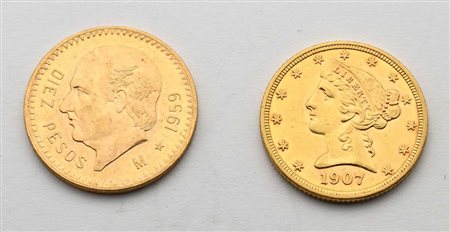 5 dollari 1907 USA e 10 pesos 1959 Messico