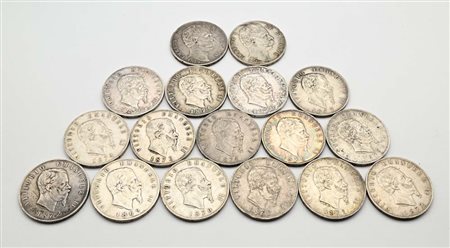 Lotto di 17 pezzi da 5 lire 1869M, 1870M, 1871M (2), 1872M (2), 1873M, 1874M...