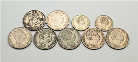 Lotto 1 Lira 1884, 1886 (2), 1887 (2), 1899, 1900; 50 Cts 1889 e 1892 Umberto...