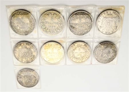 Lotto di 9 monete da 5 franchi 1831W, 1837W Luigi Filippo, 1851A 2a...