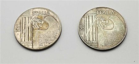 2 Monete da 20 Lire 1928 (Decennale della Vittoria) Vittorio Emanuele III...
