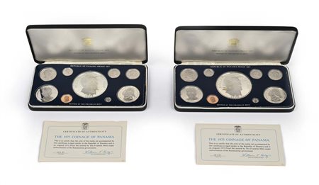 2 Serie divisionali complete di 9 monete proof: 20, 5, 1 Balboas, 50, 20, 10,...