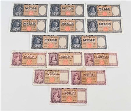 Lotto 8 banconote 1.000 Lire Italia ornata di perle: 1 Decreto 14 e 16 agosto...