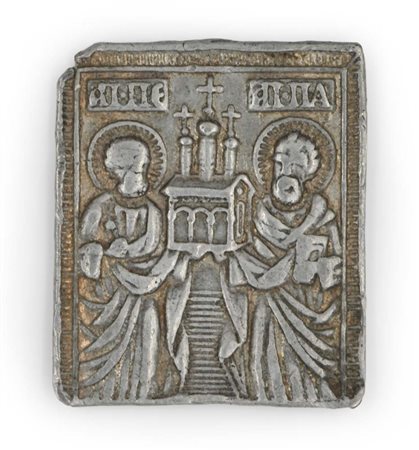 Placchetta in metallo con i Santi Pietro e Paolo che reggono un modello di...