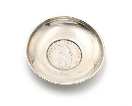 Piattino in argento 925/000 con al centro 5 Lire 1875 M Regno d'Italia...