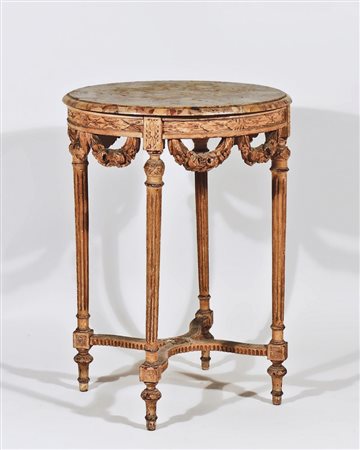 TAVOLINO TONDO DA APPOGGIO in legno laccato crema, piano in marmo, fascia...