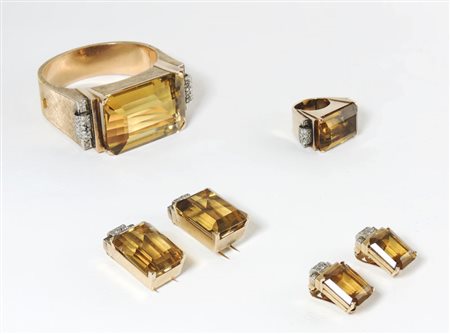 PARURE IN ORO GIALLO, ORO BIANCO, DIAMANTI E QUARZI CITRINI Anni Quaranta...