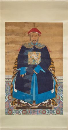  
Dipinto su seta di dignitario in trono Cina, dinastia Qing (1644-1912), XVIII secolo
 160 x 100 cm