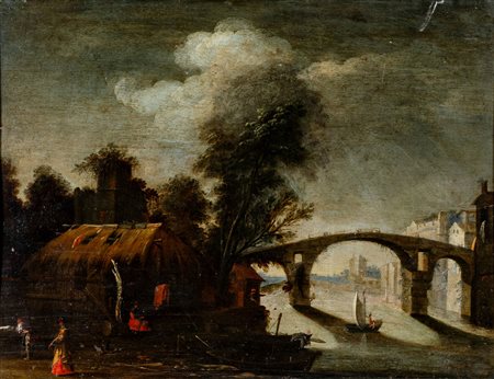 Scuola toscana del secolo XVII - Paesaggio fluviale con figure e imbarcazioni